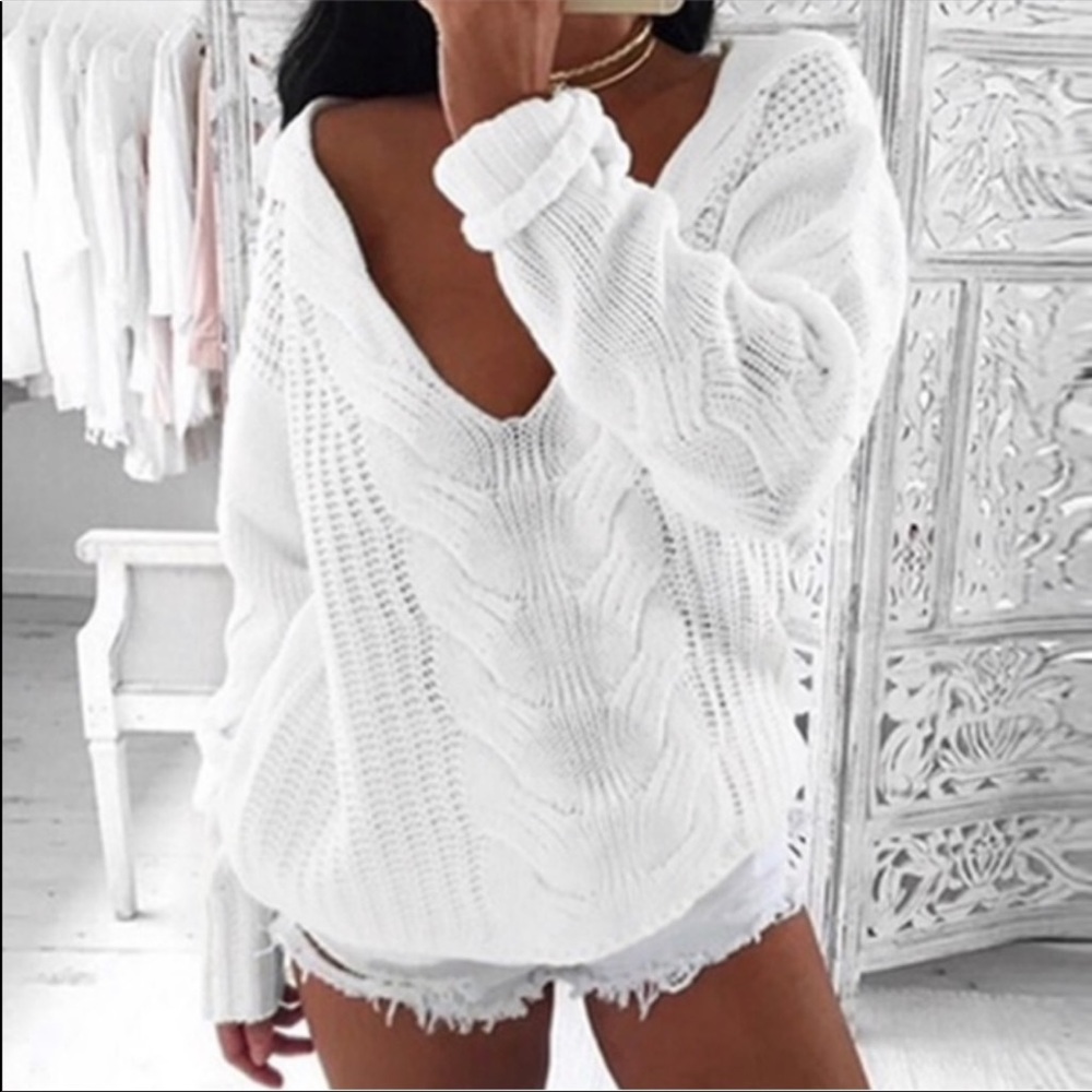 Cable knit sweater v neck classic white - Picture 4 of 8